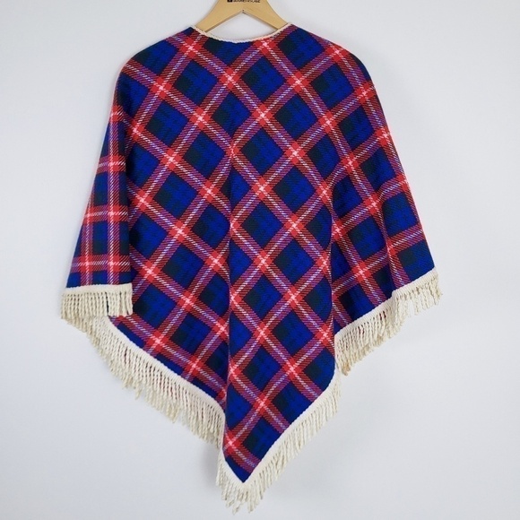 Vintage plaid poncho jacket cape fringe tassels lined warm winter zip-up - Picture 9 of 12